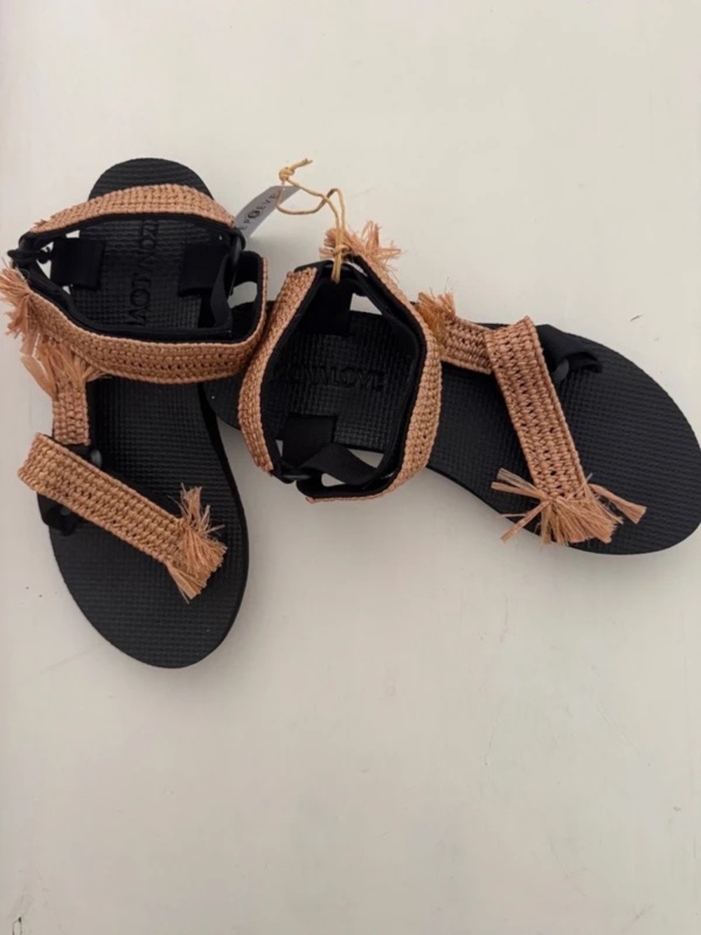 Arizona Love Black Sandals with Woven Tan Straps